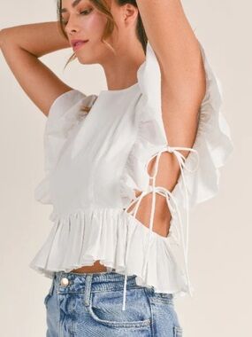 NWOT MARBLE White Poplin Ruffled Lace-Up Detail Ruffle Peplum Top Sz